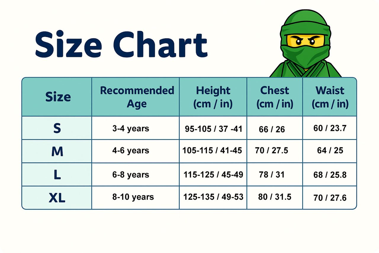 ninjago costume size chart