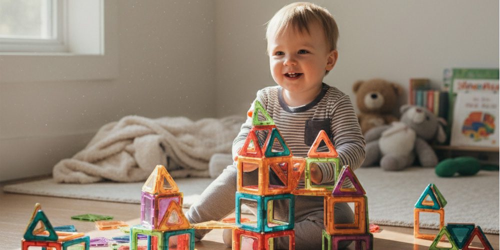 un bambin de 3 ans jouant avec des carreaux magnétiques